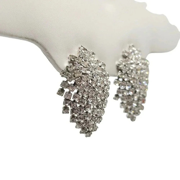 Clear Rhinestone Art Deco Style Large Clip On Silver Tone Firework Earrings B - Picture 2 of 5